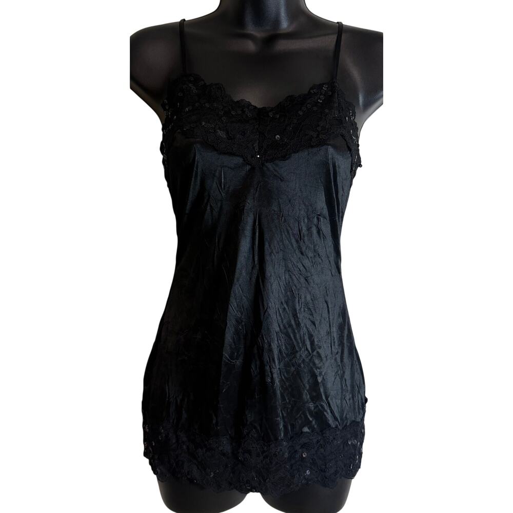 DKNY Jeans Black Lace Trim Cami Top Women XS Satin Spaghetti Strap Sequin New